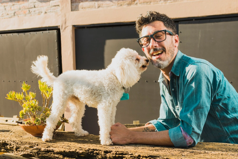 Smiling man in glasses touching noses with his white curly poodle-mix dog outdoors