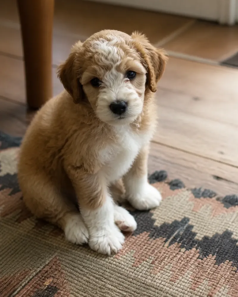 Apricot and white Bichpoo puppy sitting on a patterned rug on a wood floor