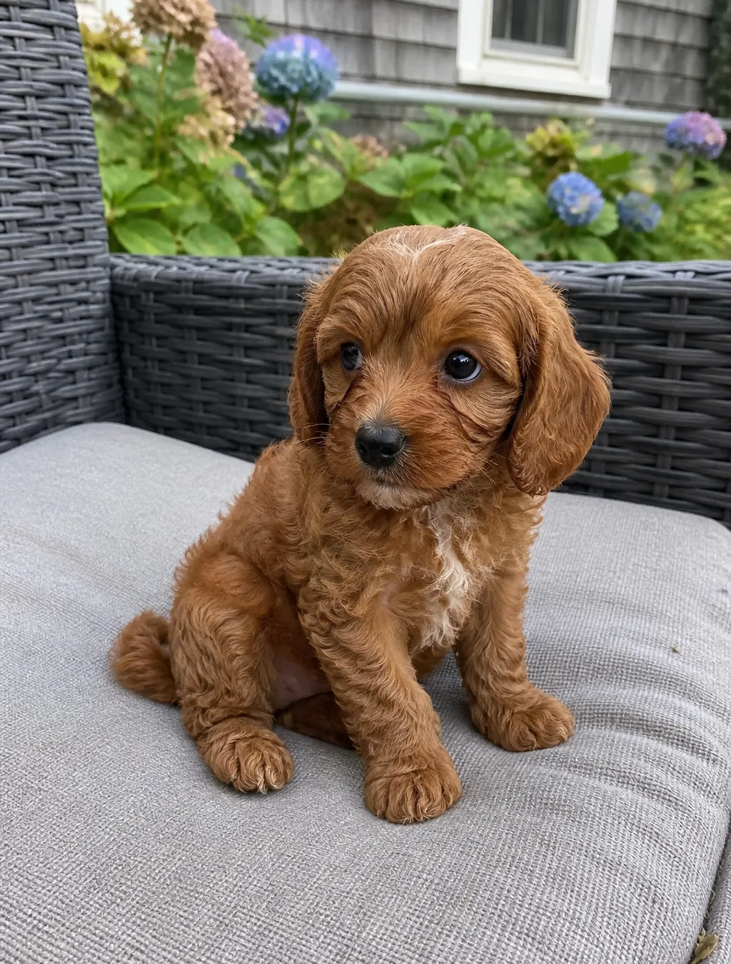 Red Cavapoo puppy with long feathered ears sitting on a grey patio cushion