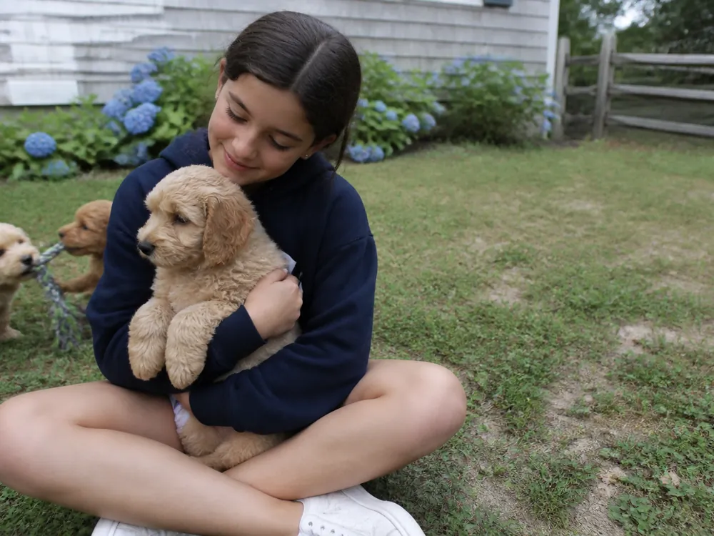 Girl sitting on the grass cradling a cream Mini Goldendoodle puppy beside blue hydrangeas