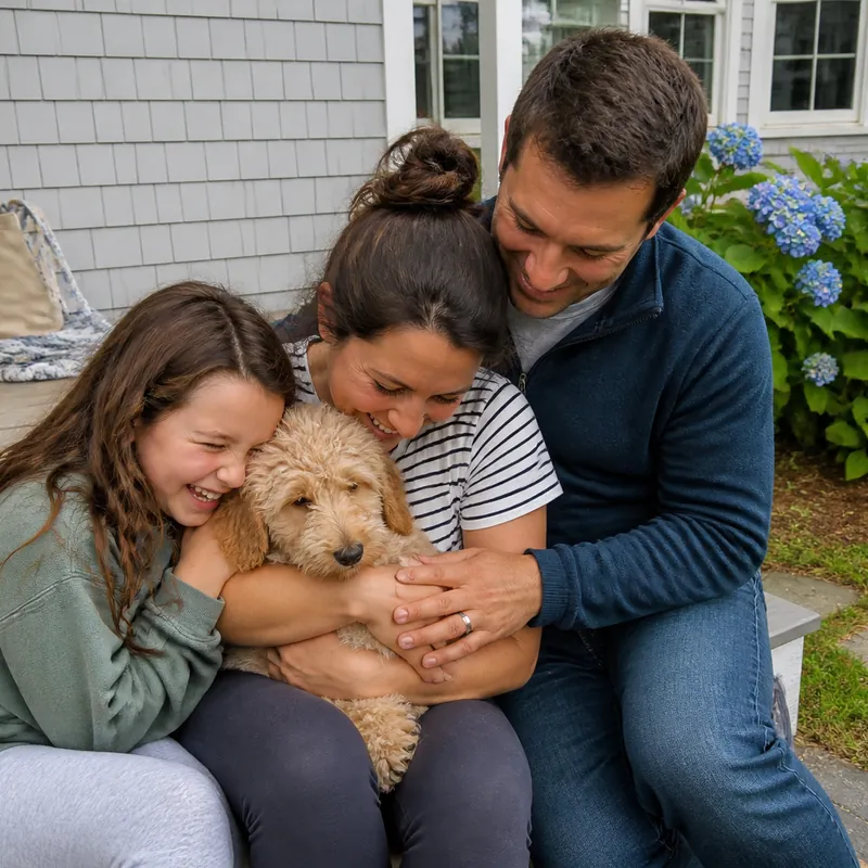 Family of three laughing together as they hold their cream Mini Goldendoodle puppy outside their Cape Cod home
