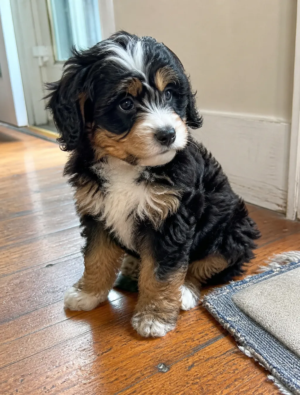 Tricolor black, white and rust Mini Bernedoodle puppy sitting on a hardwood floor