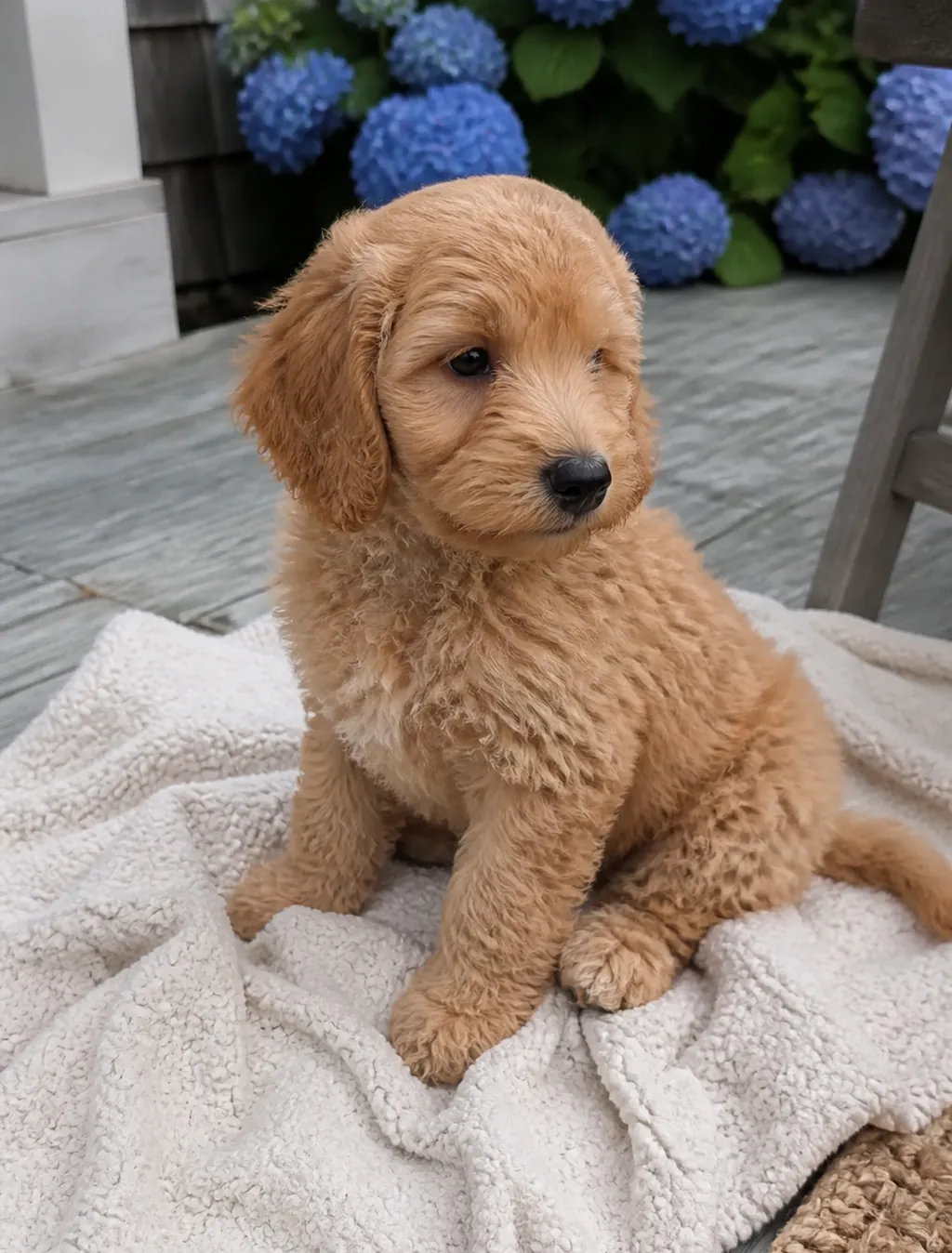 Apricot Mini Goldendoodle puppy sitting on a cream blanket in front of blue hydrangeas