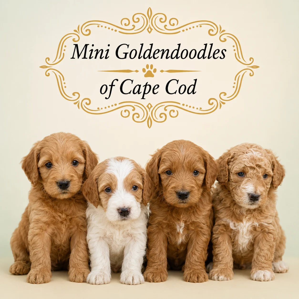 Four Mini Goldendoodle puppies sitting side by side beneath the Mini Goldendoodles of Cape Cod logo