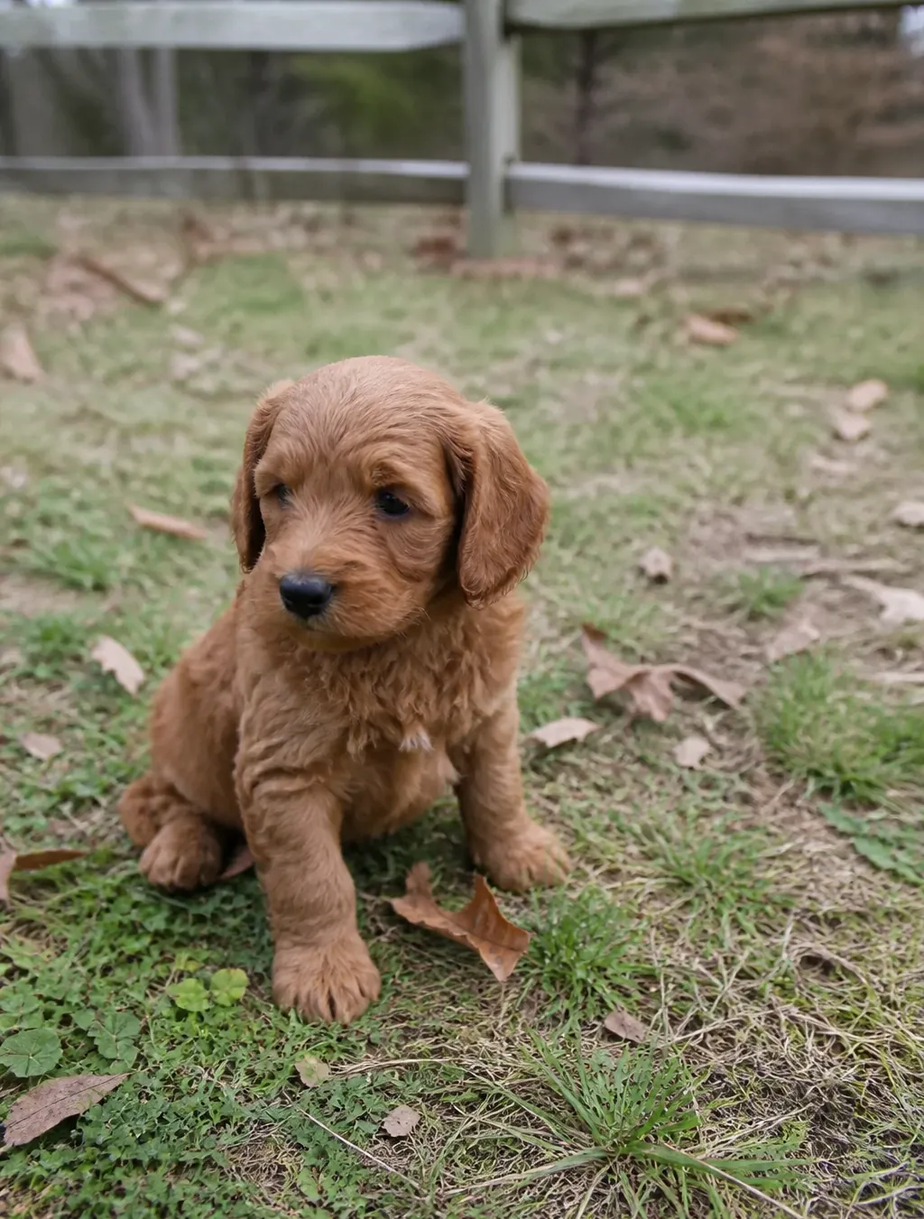 Red Mini Labradoodle puppy sitting in the grass beside a white fence