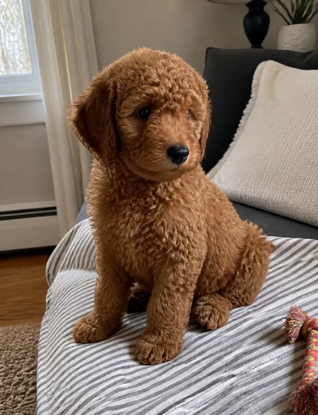 Red Mini Poodle puppy with a tightly curled coat sitting on a striped bed