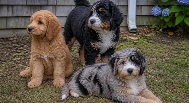 Apricot Goldendoodle, tricolor Bernedoodle and blue merle Aussiedoodle puppies together on a Cape Cod lawn